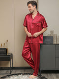 SilkSilky US 19Momme Pure Silk Short Sleeve Lapel Men's Pajamas Red 001