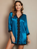 SilkSilky US Pure Silk 3/4 Sleeve V Neck Nightgown Teal 003