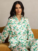 [Green Floral] SilkSilky  Pure Silk Notch Collar Women's Pajamas 001,