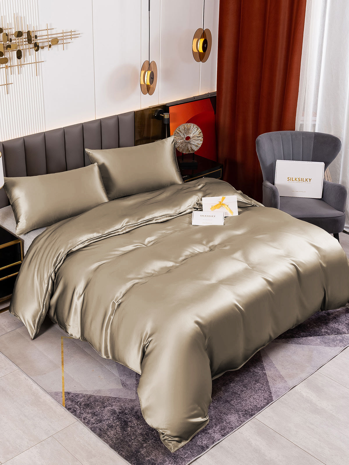 [Khaki] SilkSilky  19Momme Pure Silk Bedding Set 004