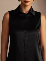 [Black] SilkSilky  Sleeveless Lapel Collar Women's Shirt 004
