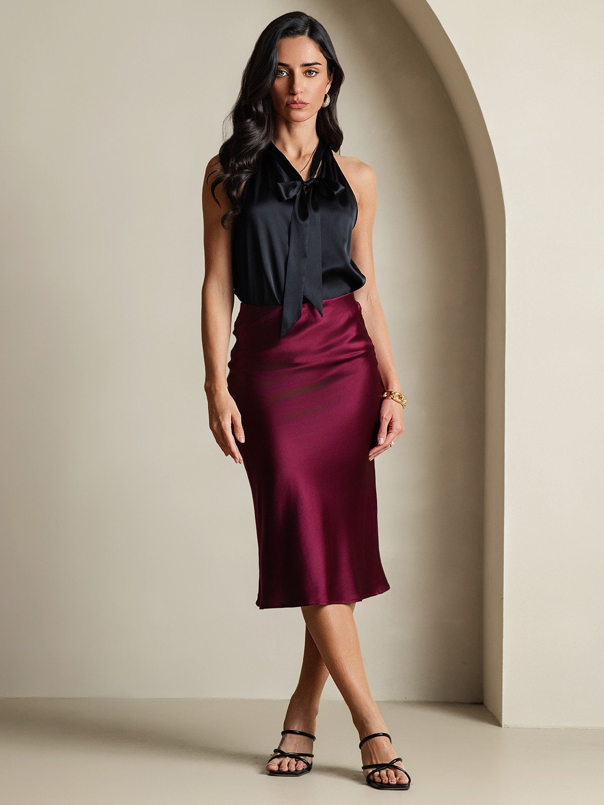 SilkSilky  19Momme Silk Sleeveless Tie Neck Women's Shirt Black 006