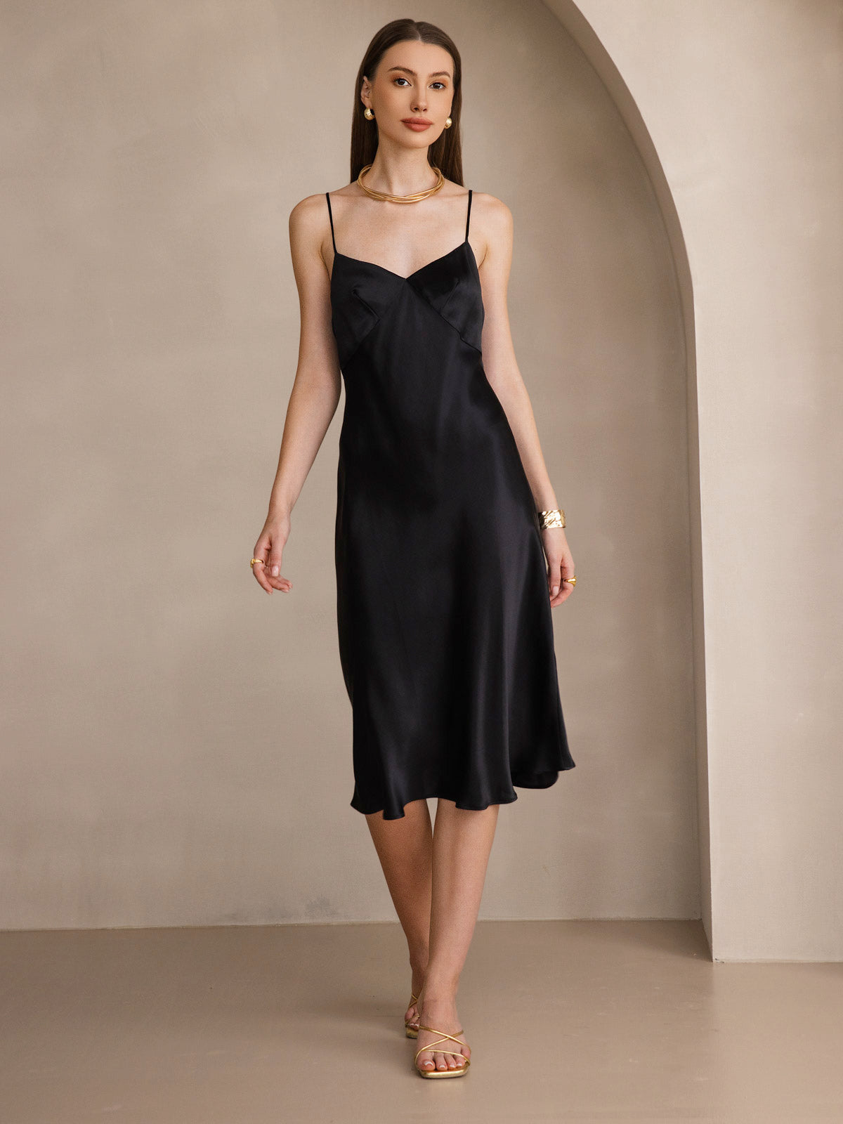 [Black] SilkSilky  19Momme Pure Silk V Neck Dress 001