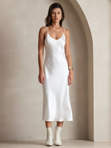 [White] SilkSilky  Pure Silk Spaghetti Strap V Neck Dress 003