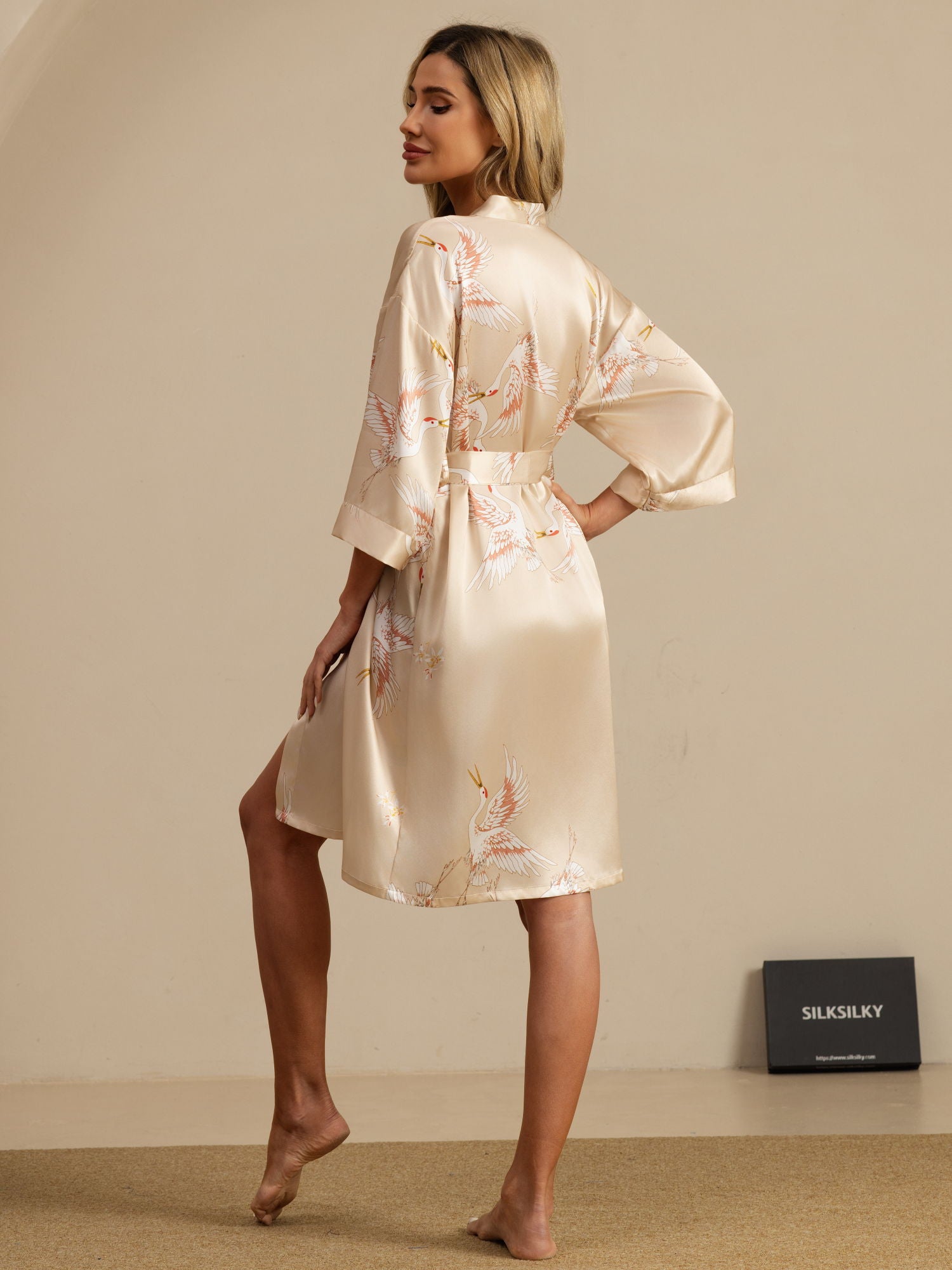 [Champagne] SilkSilky  19Momme 3/4 Sleeve Women's Robe 002