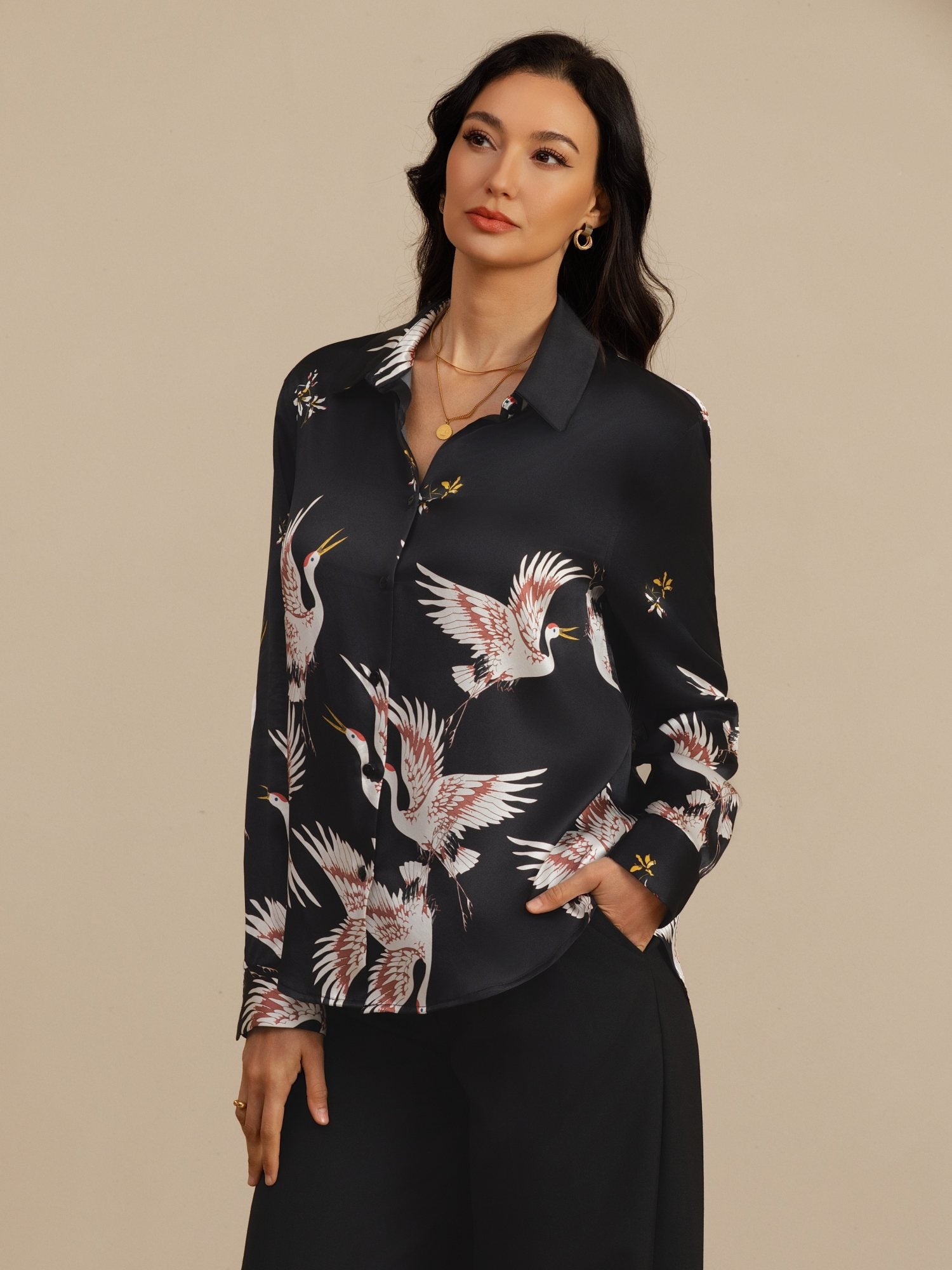 [Black] SilkSilky  19Momme Long Sleeve Lapel Collar Women's Shirt 003