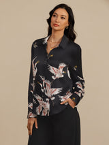 [Black] SilkSilky  19Momme Long Sleeve Lapel Collar Women's Shirt 003