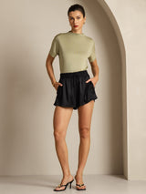 [Dried Herb] SilkSilky  100% Silk Jersey Short Sleeve Mock Neck Women's T-Shirt 006