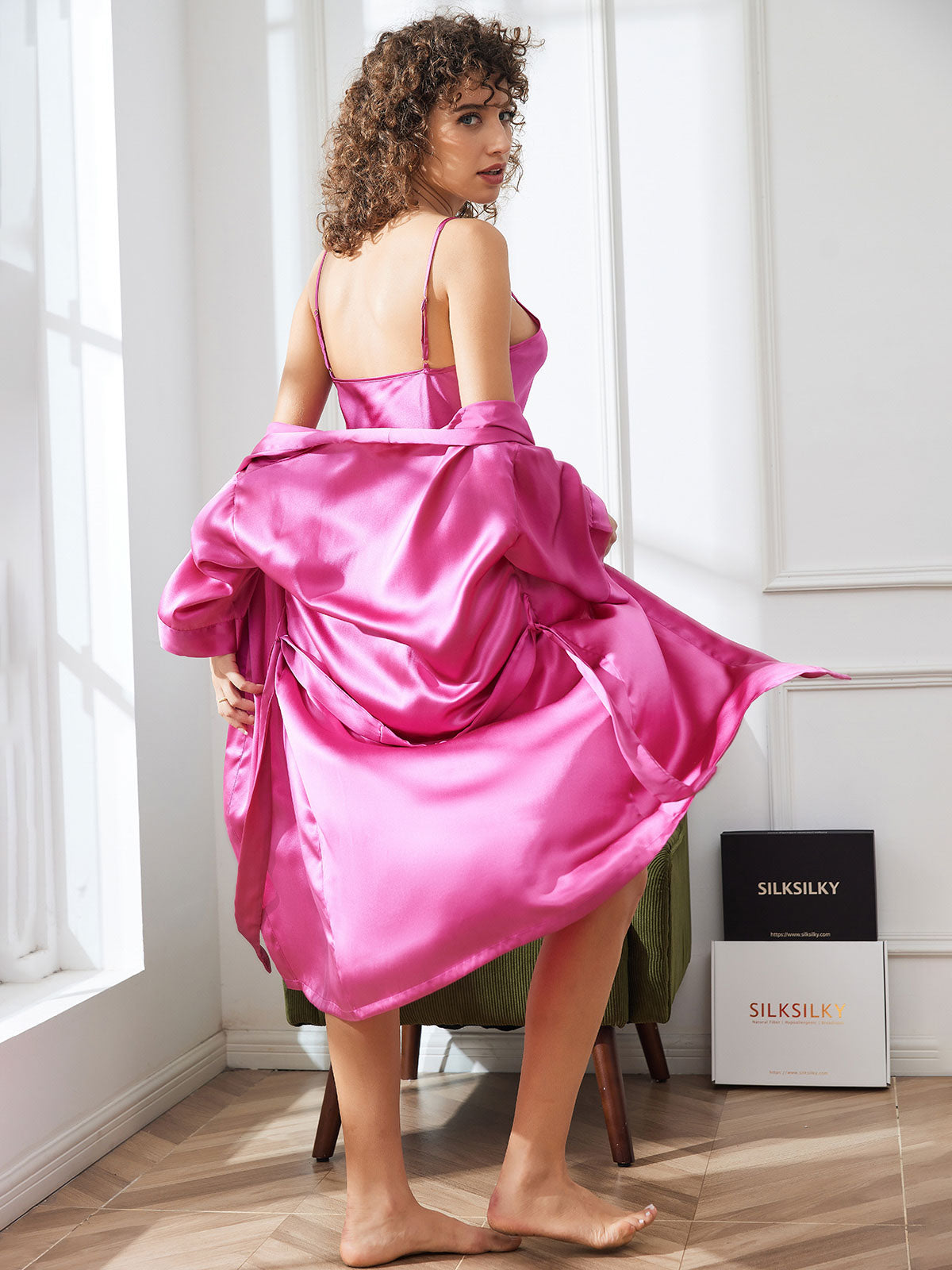 SilkSilky  Pure Silk 3/4 Sleeve Nightgown&Robe Set RoseRed 005