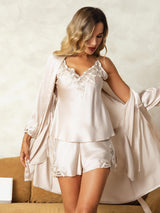 [Beige] SilkSilky  Pure Silk 3/4 Sleeve V Neck Women's Pajamas 001