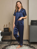 SilkSilky US Pure Silk Short Sleeve Lapel Women's Pajamas DarkBlue 004