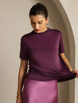 [Purple] SilkSilky  100% Silk Jersey Short Sleeve Mock Neck Women's T-Shirt 003