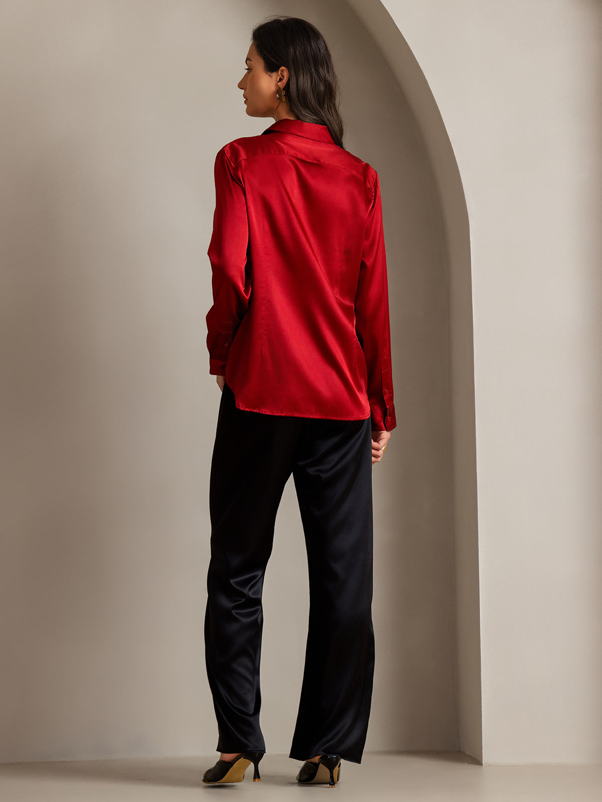 [Red] SilkSilky  Silk Lapel Collar Women's Shirt 002