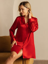 [Red] SilkSilky  Long Sleeve Notch Collar Nightshirt 005