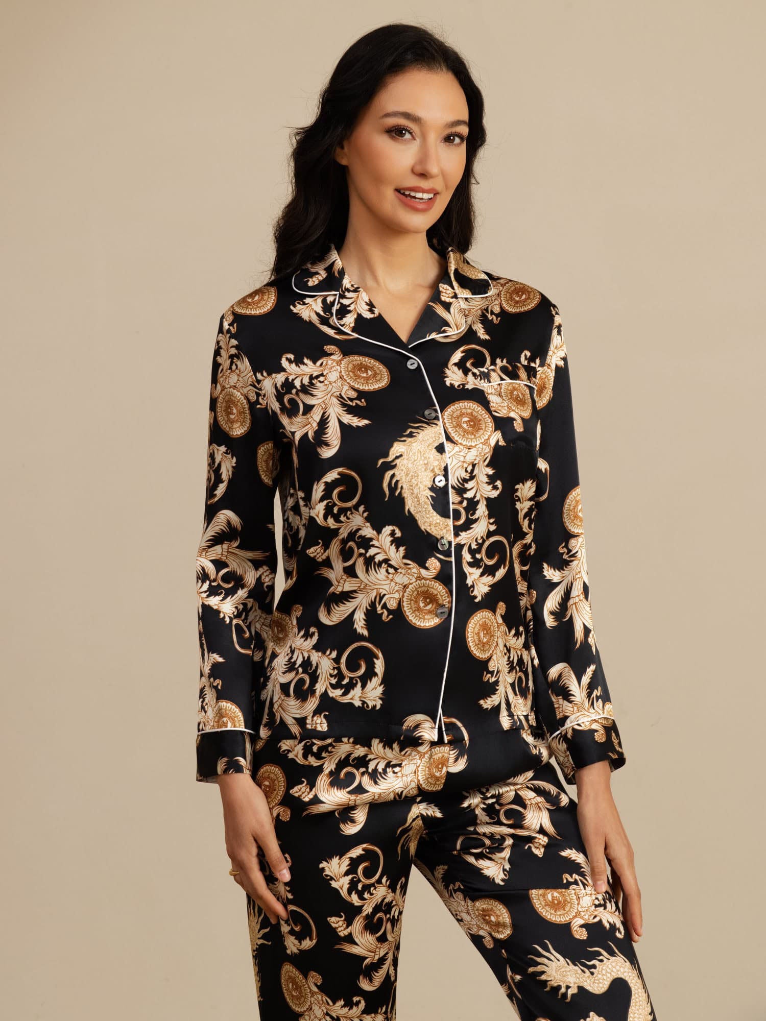 [Black Dragon] SilkSilky  Long Sleeve Notch Collar Women's Pajamas 004