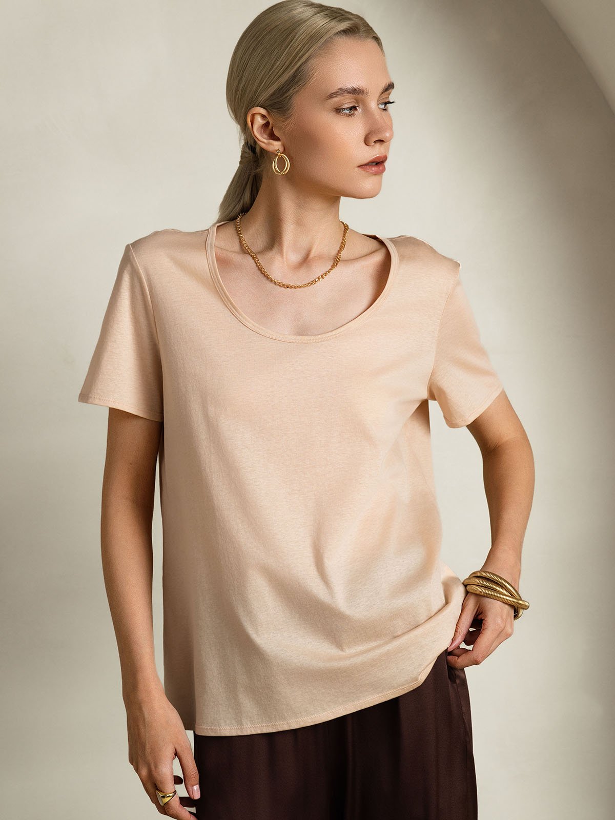 SilkSilky Silk Blend Short Sleeve U Neck Women's T-Shirt Beige 003