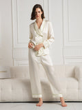 SilkSilky Pure Silk Long Sleeve V Neck Women's Pajamas Beige 003