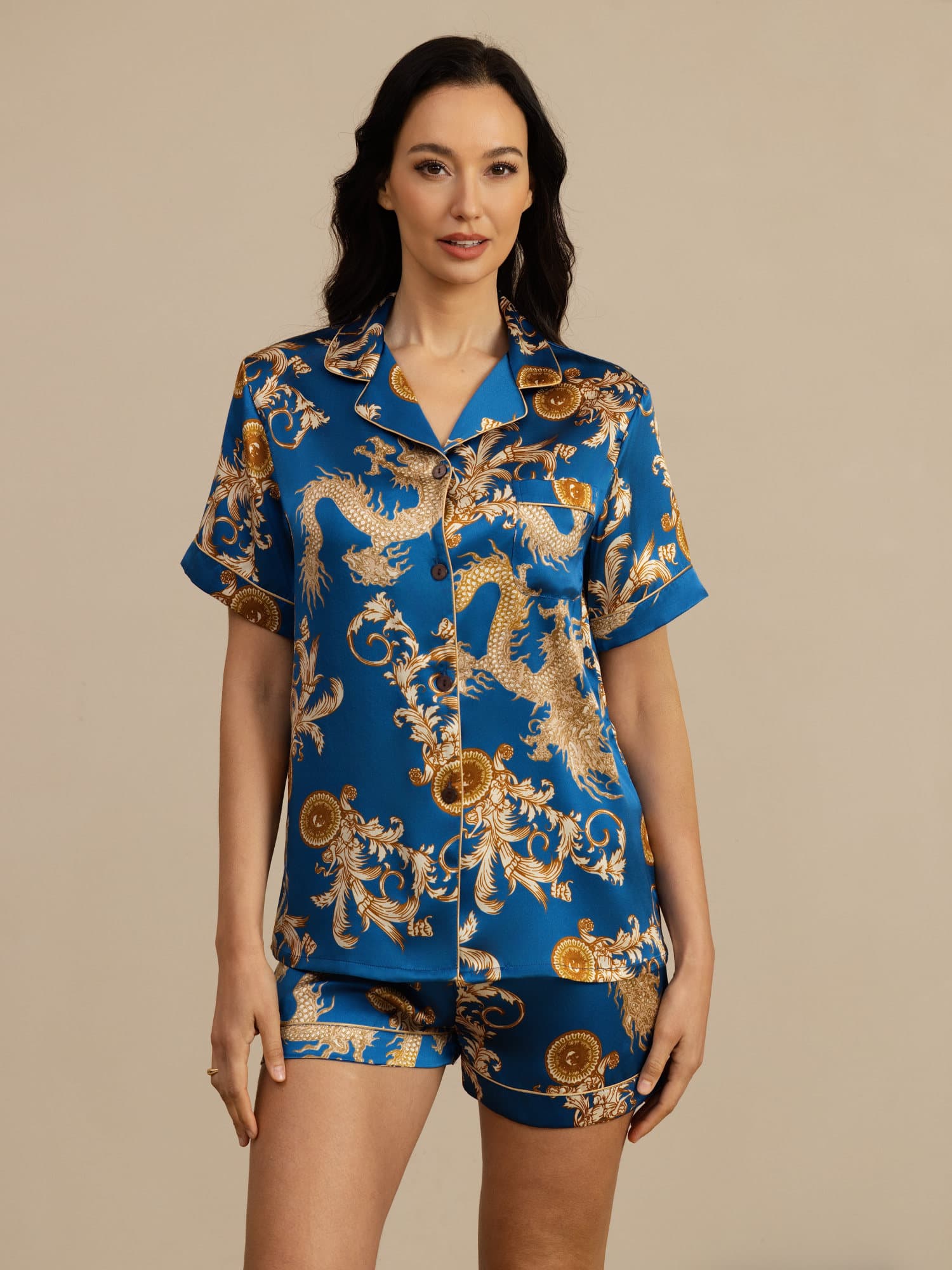 [Navy Dragon] SilkSilky  Short Sleeve Notch Collar Women's Pajamas 003
