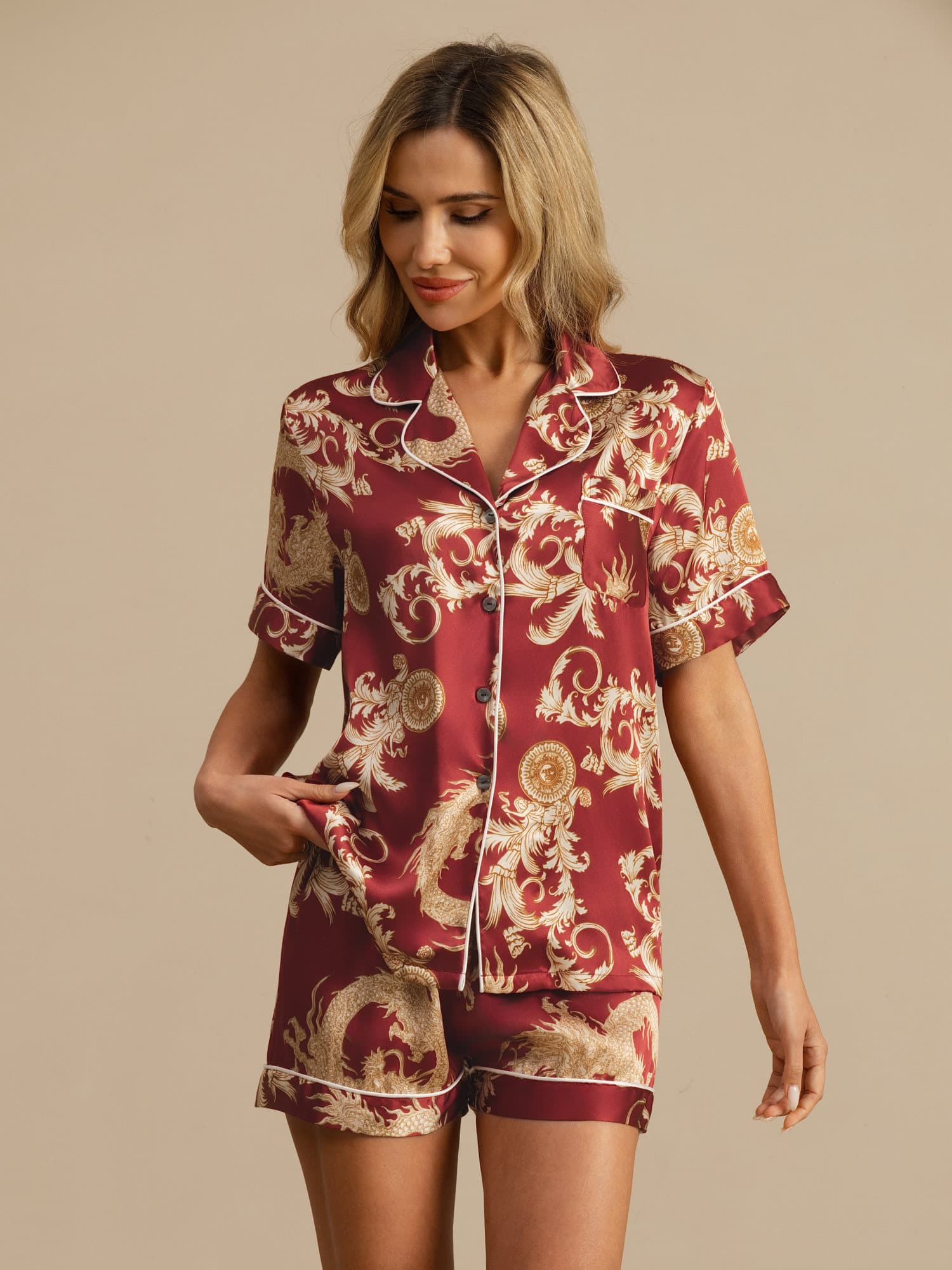 [Wine Dragon] SilkSilky  Short Sleeve Notch Collar Women's Pajamas 004