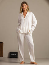 [White] SilkSilky  19Momme Machine-Washable Silk Long Sleeve Notch Collar Women's Pajamas 008
