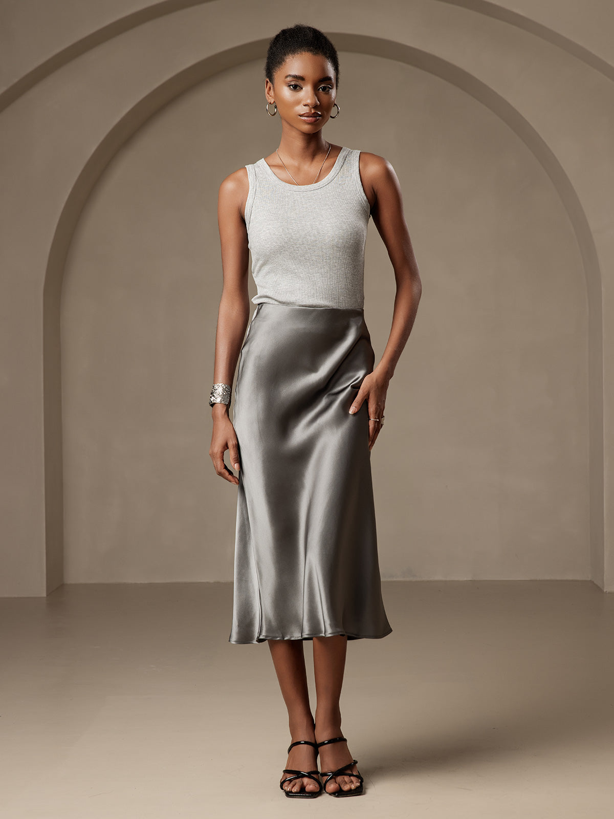 [Dark Gray] SilkSilky  19Momme Pure Silk Skirt 001