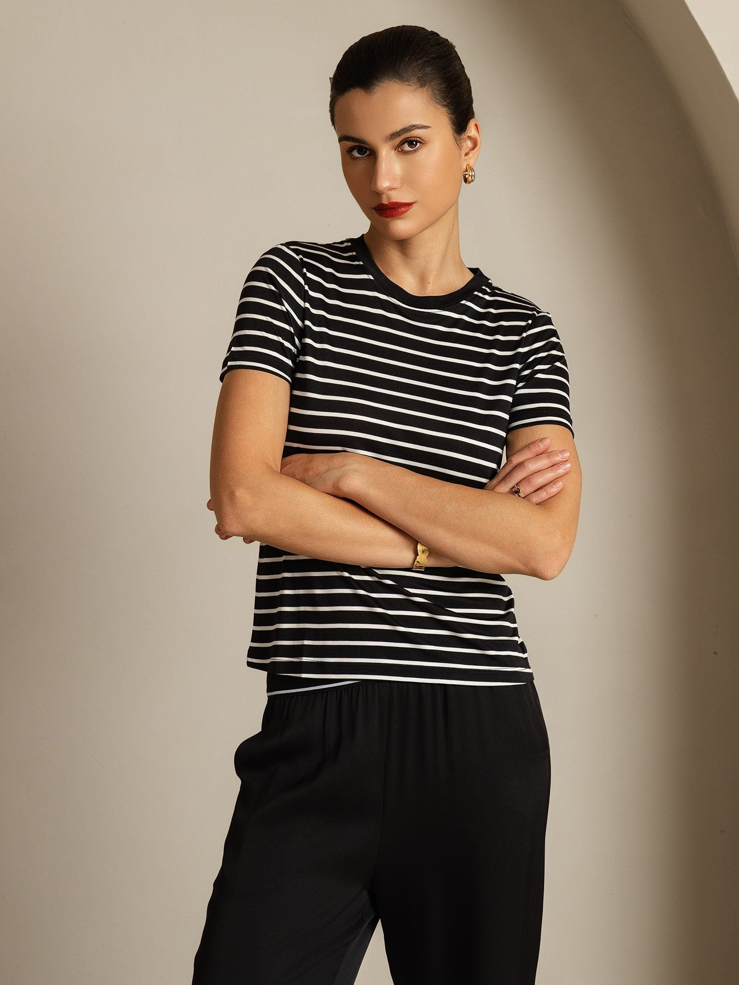 [BlackStripe] SilkSilky Pure Silk Crew Women's T-Shirt 005