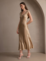 [Champagne] SilkSilky  19Momme Stretch Silk Charmeuse Cap Sleeve Scoop Neck Dress 005