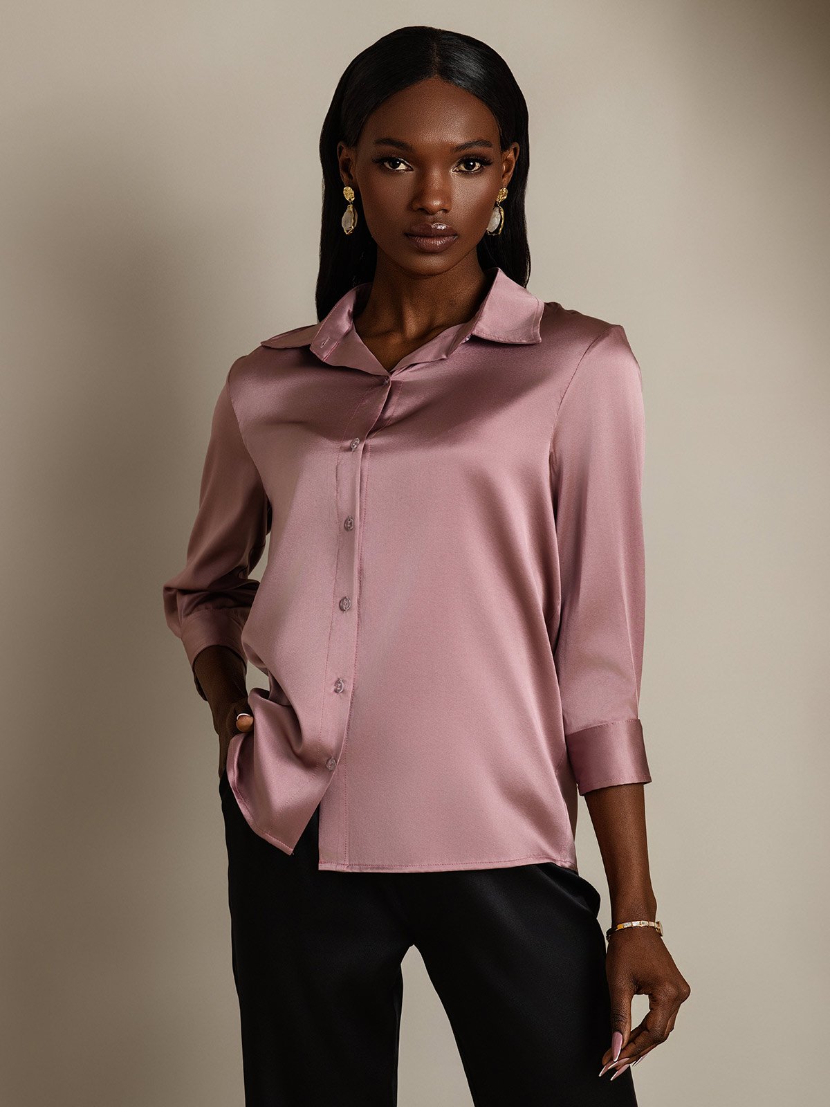 SilkSilky 19Momme Silk Long Sleeve Lapel Women's Shirt PaleMauve 004