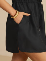 [Black] SilkSilky 18Momme Silk Satin Surah Cap Sleeve Henley Neck Dress 005