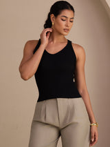 [Black] SilkSilky Sleeveless Deep V Neck Camisole Top 004