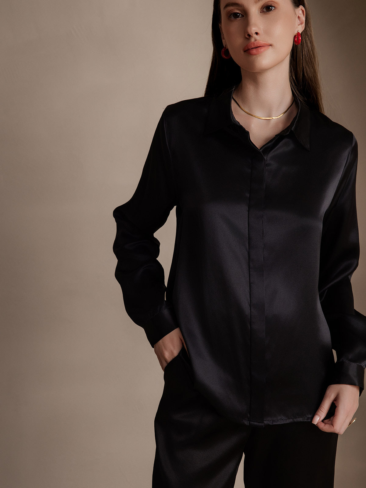 SilkSilky  19Momme Silk Blend Long Sleeve Collar Women's Shirt Black 001