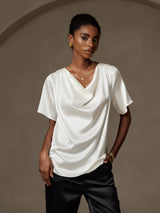 [White] SilkSilky  Short Sleeve Cowl Neck Blouse 003
