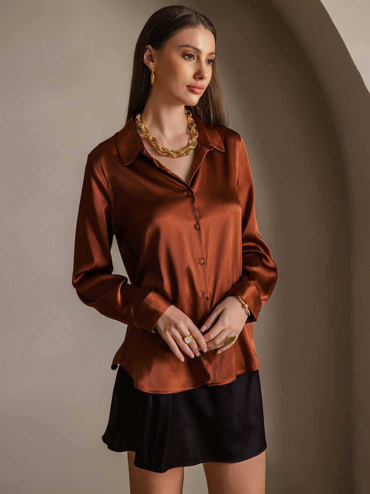 [Caramel] SilkSilky  Silk Long Sleeve Lapel Collar Women's Shirt 003