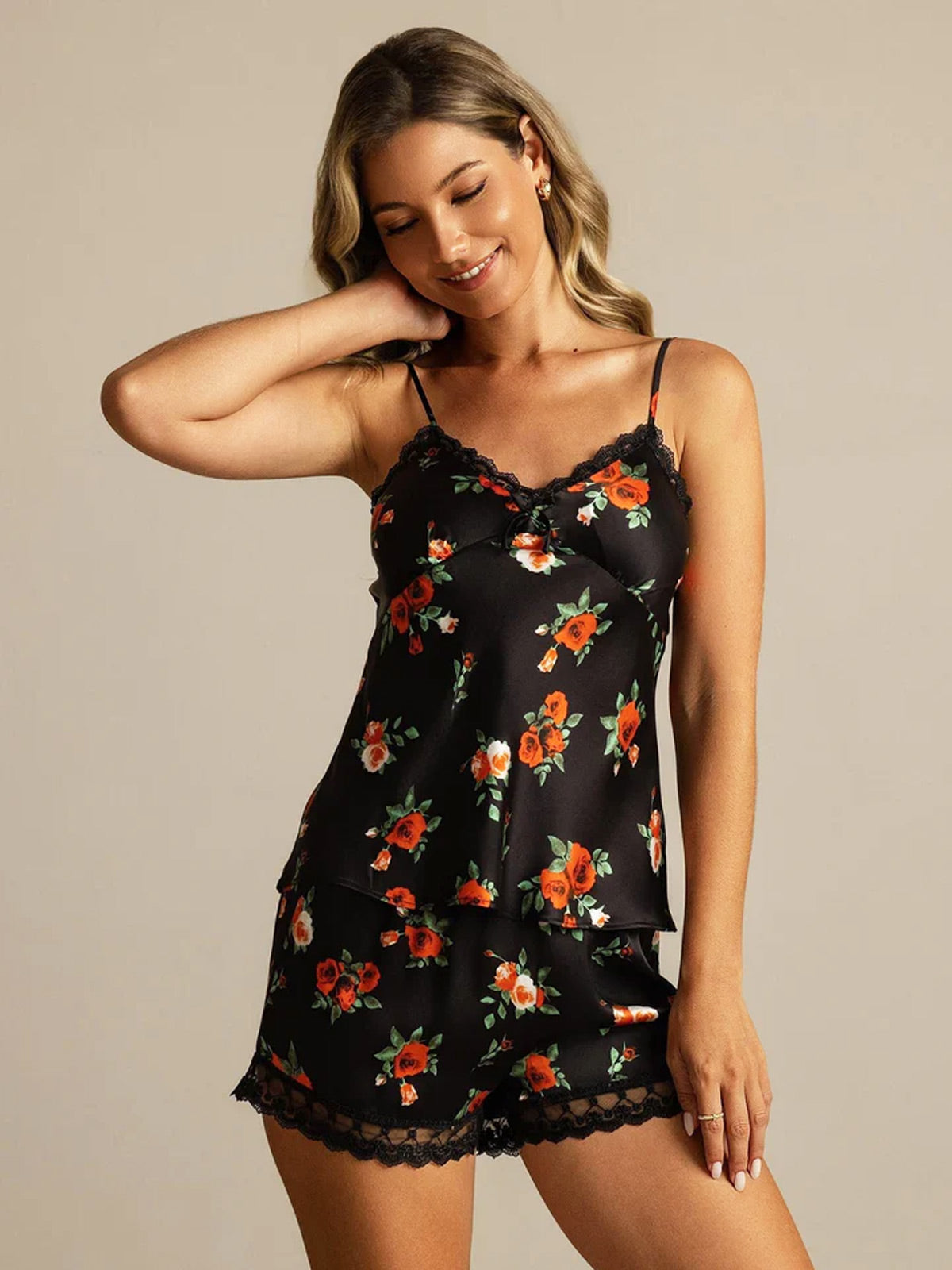 Pure Silk Flower Print Spaghetti Strap V Neck Above the Knee Camisole Set with Lace Design