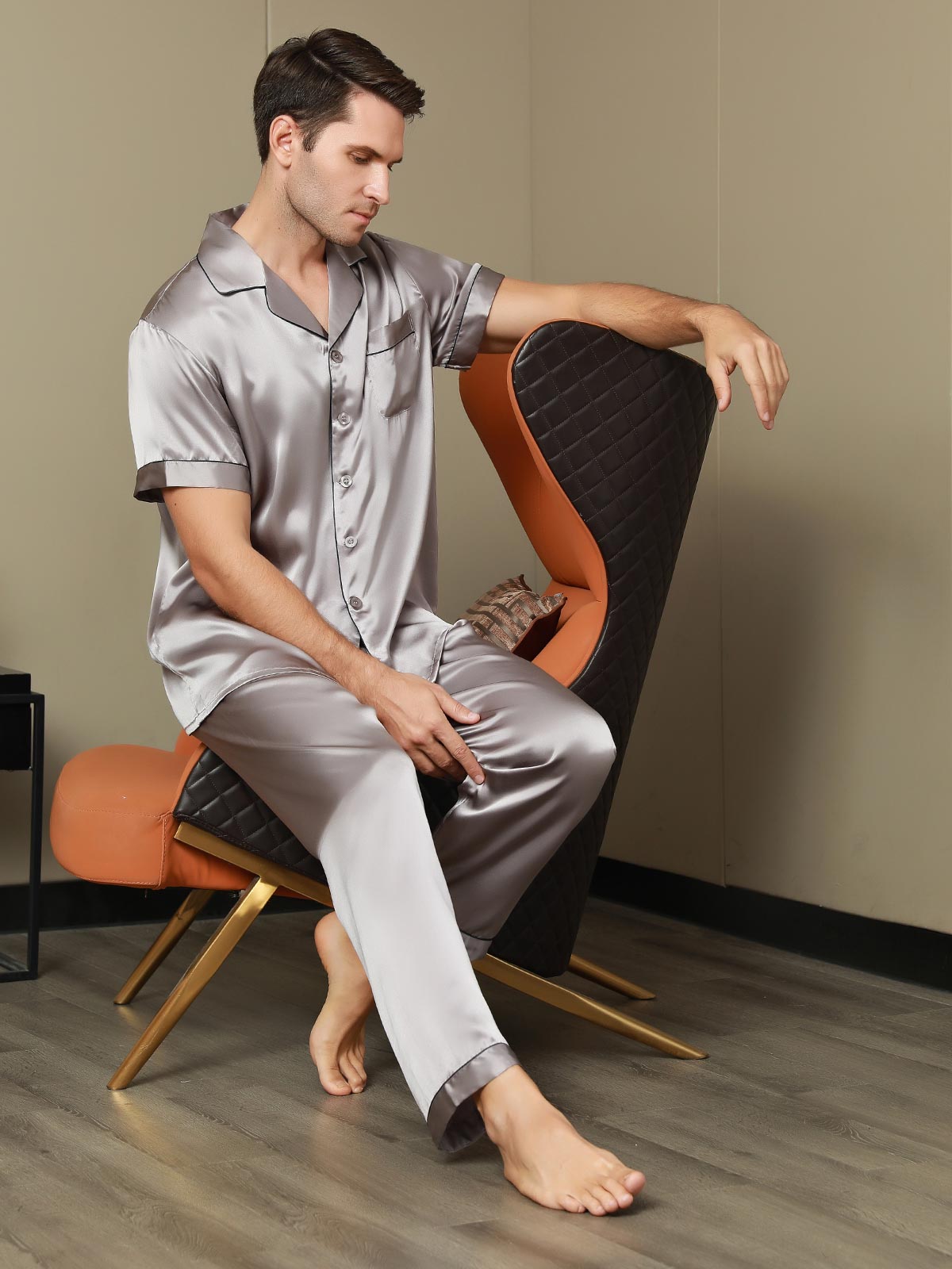 SilkSilky  Pure Silk Short Sleeve Lapel Men's Pajamas Gray 007