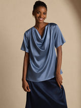 [Real Teal] SilkSilky  Short Sleeve Cowl Neck Women's Blouse 001