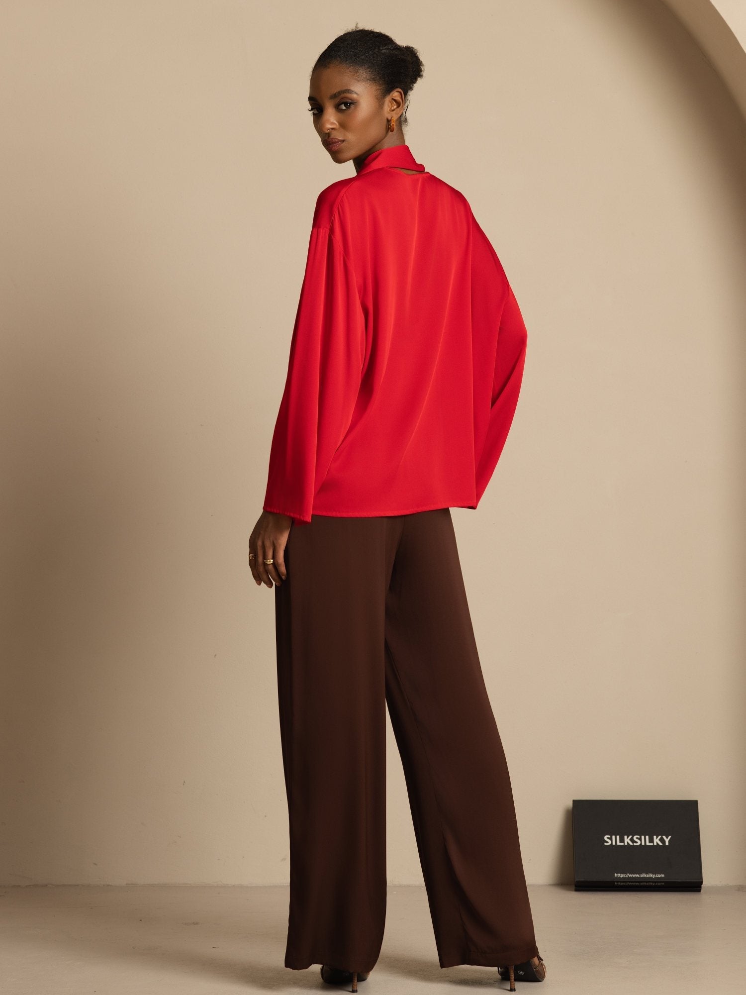 [Wine] SilkSilky 19Momme Silk Long Sleeve V Neck Blouse 007