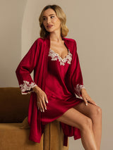 [Wine] SilkSilky  3/4 Sleeve V Neck Nightgown&Robe Set 007