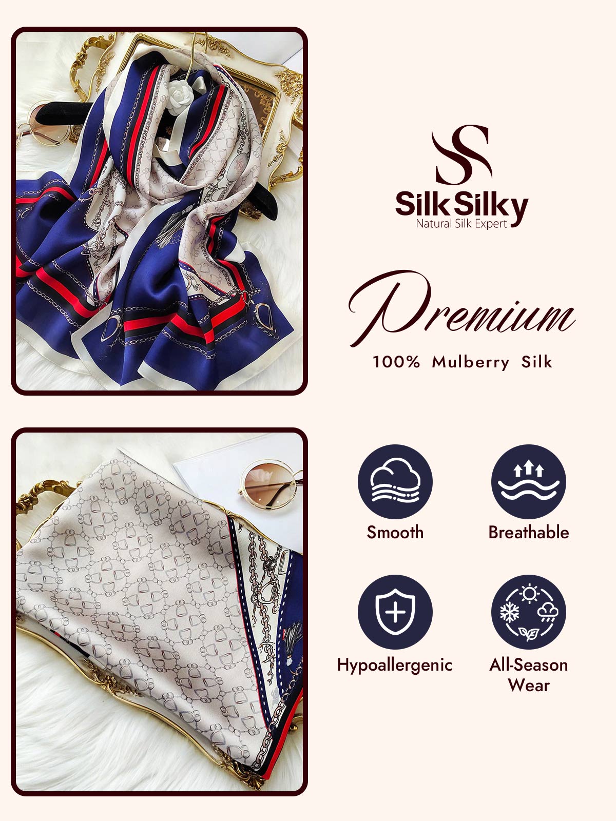 100% Mulberry Silk Printed Rectangular Long Shawl Scarf 170x53cm