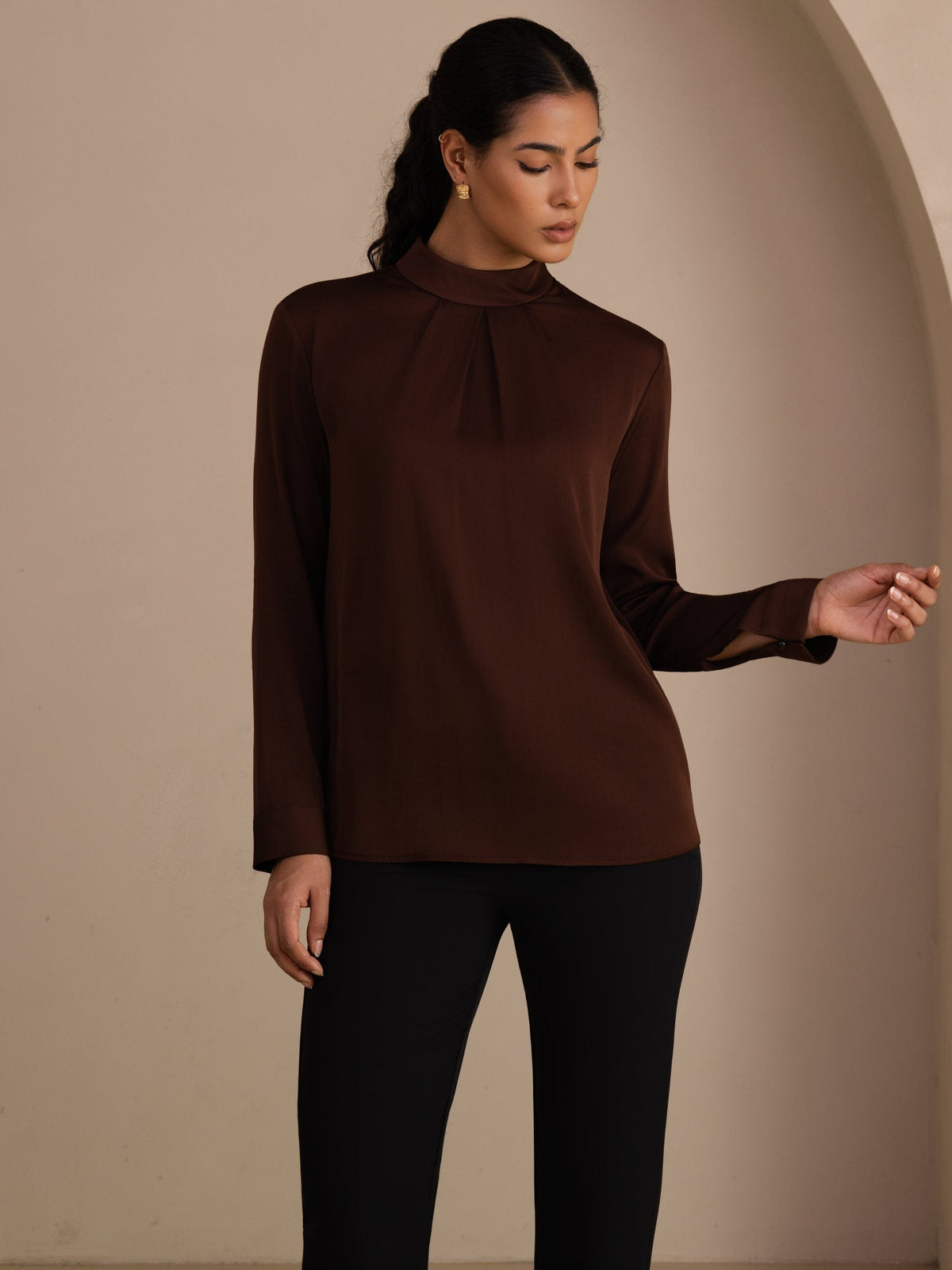 [Coffee] SilkSilky  Long Sleeve Stand Collar Women's Blouse 001