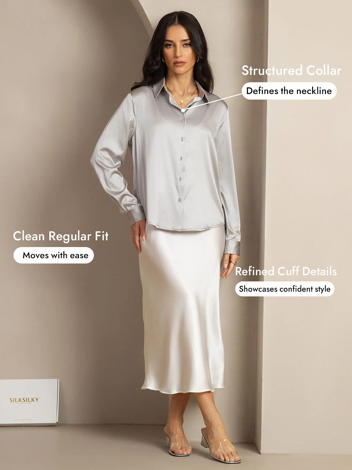 [Light Gray] SilkSilky  Silk Long Sleeve Lapel Collar Women's Shirt 005