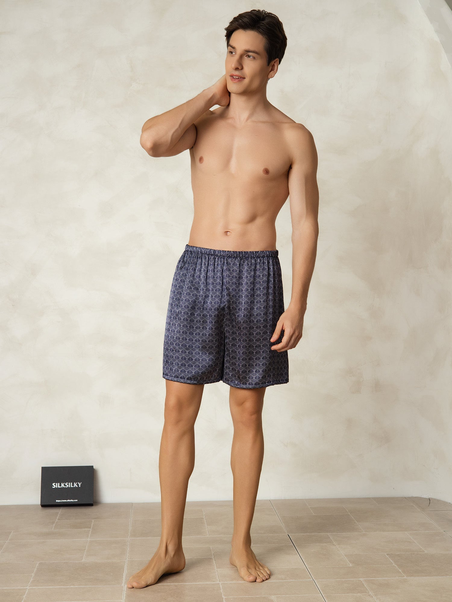 [Navy Ginkgo] SilkSilky  Pure Silk Mens Sleep Bottoms 006
