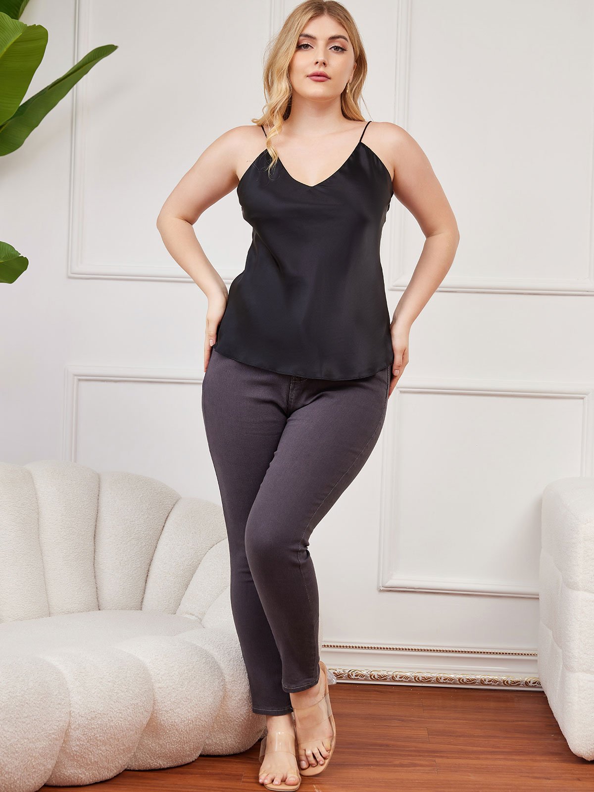 SilkSilky US Pure Silk Deep V Neck Plus Size Camisole Top Black 004