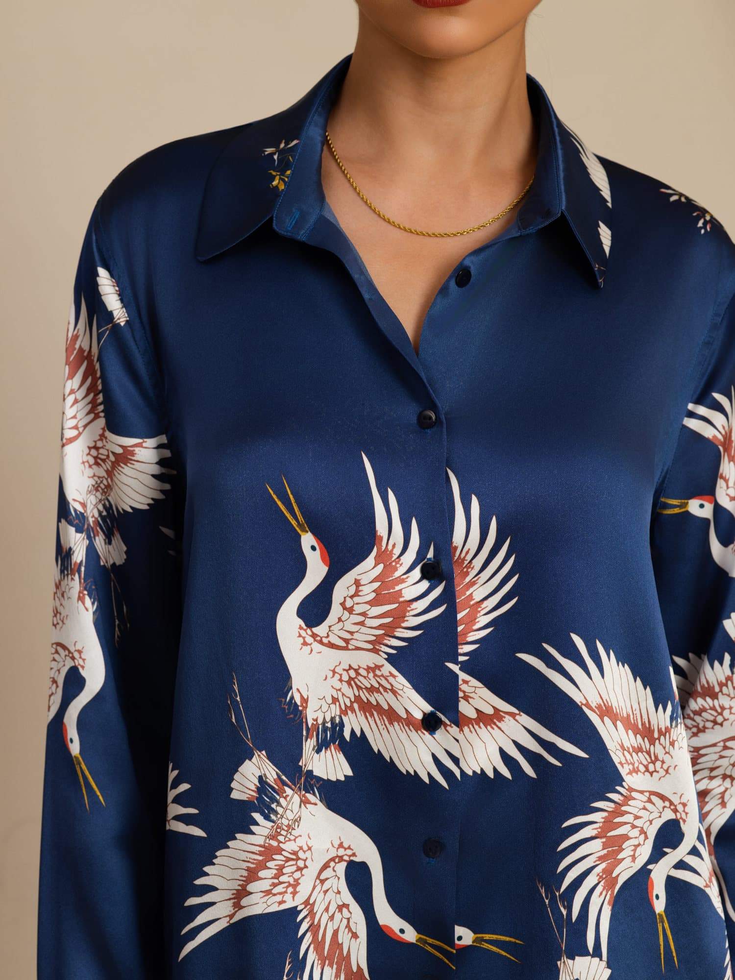 [Dark Blue] SilkSilky  19Momme Long Sleeve Lapel Collar Women's Shirt 006