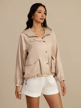 [Tan] SilkSilky Silk Satin Surah Long Sleeve High Neck Women's Outerwear 004