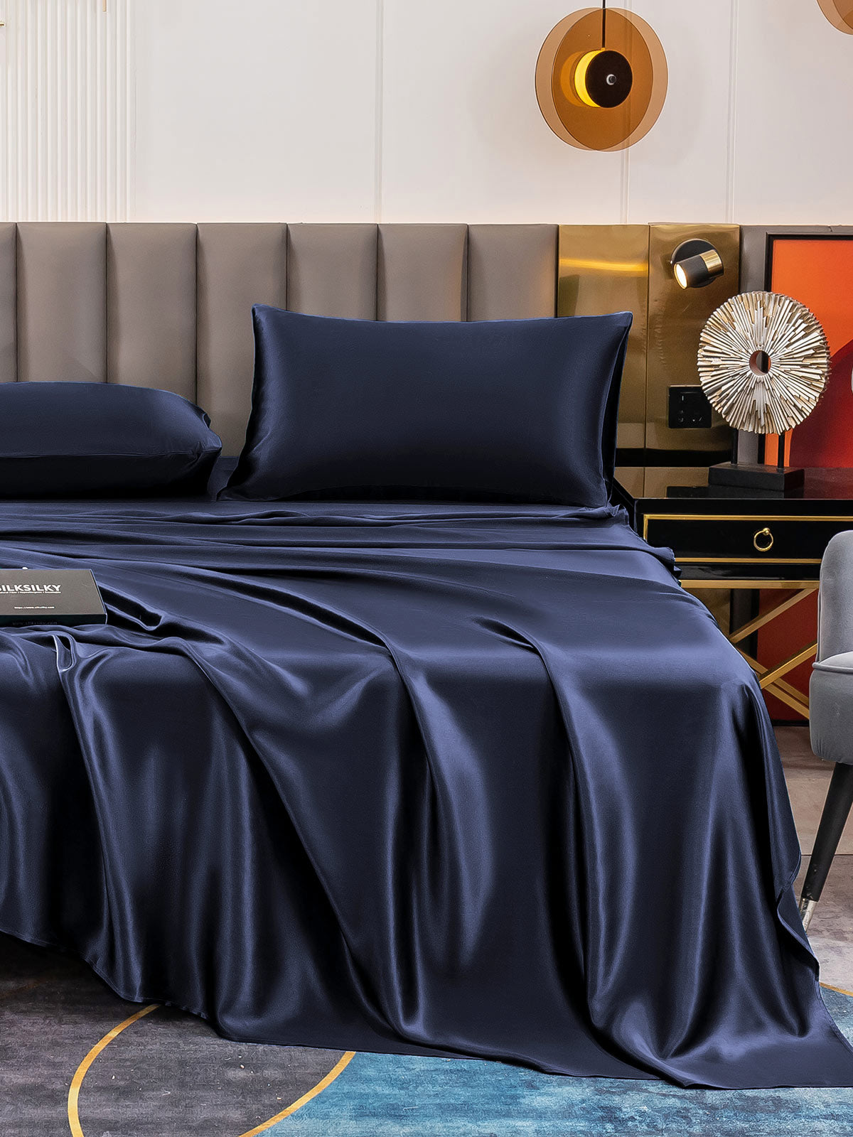 SilkSilky US 19Momme Pure Silk Bedding Set DarkBlue 004