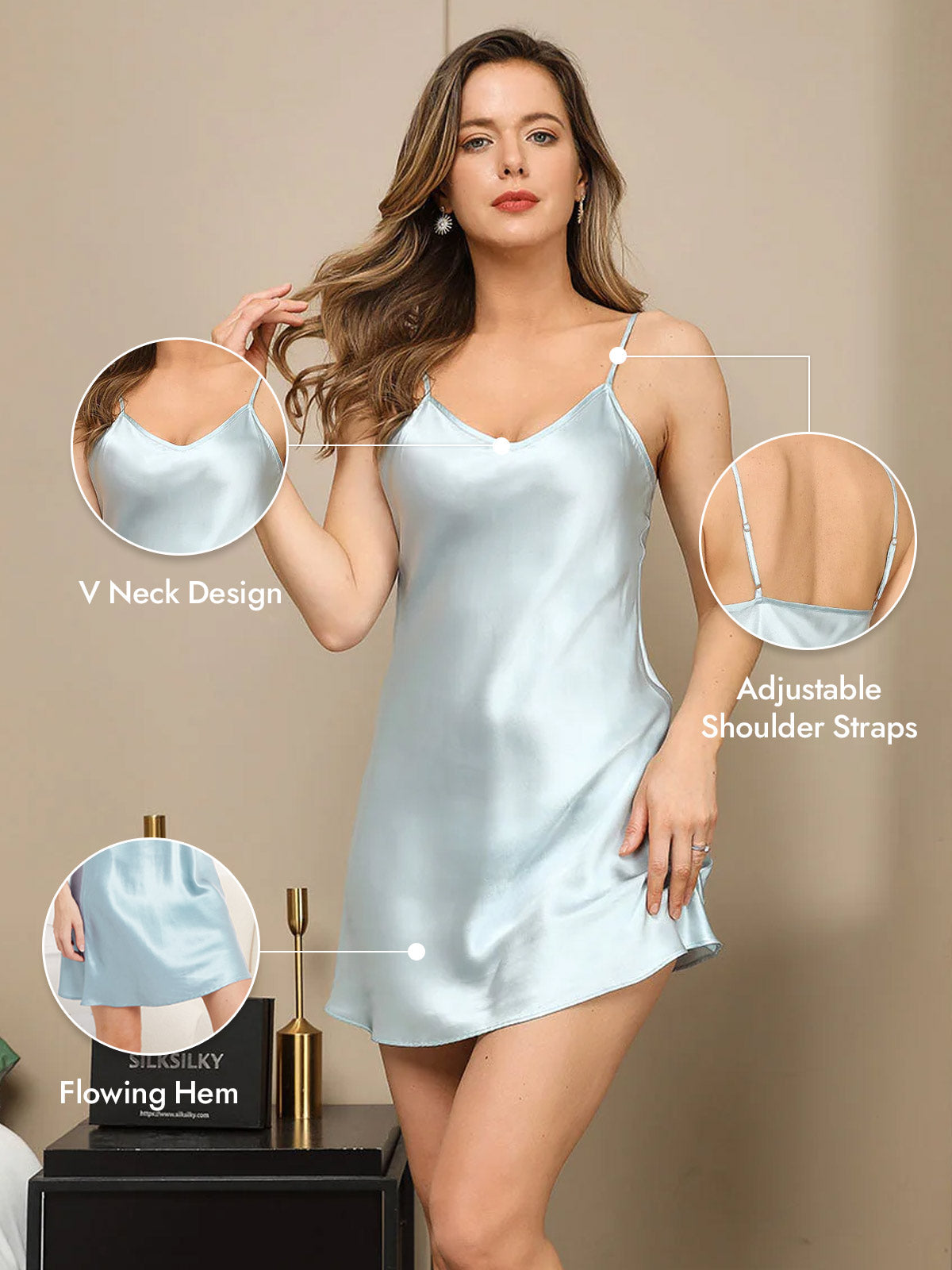[Light Blue] SilkSilky  Pure Silk V Neck Nightgown 005