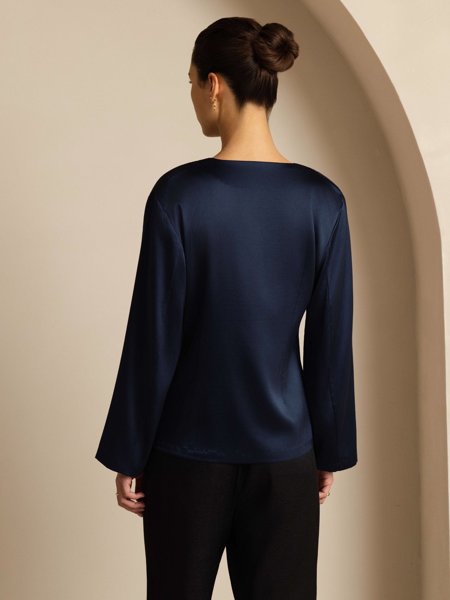 [Dark Blue] SilkSilky  19Momme Stretch Silk Charmeuse Long Sleeve Women's Outerwear 002
