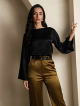 [Black] SilkSilky  19Momme Stretch Silk Charmeuse Long Sleeve Boat Neck Blouse 004