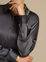 [Dark Gray] SilkSilky  19Momme Stretch Silk Charmeuse Long Sleeve Lapel Collar Women's Shirt 005